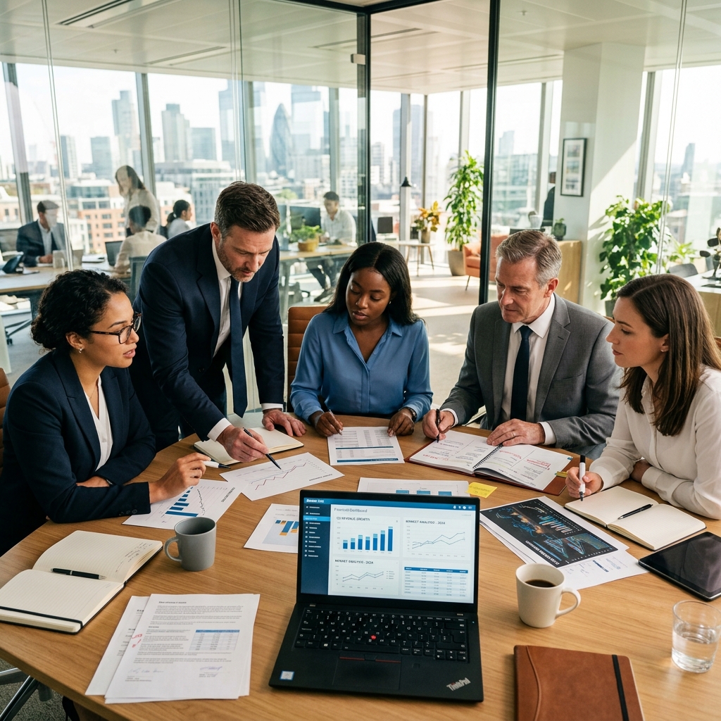 Business consultants analyzing financial reports