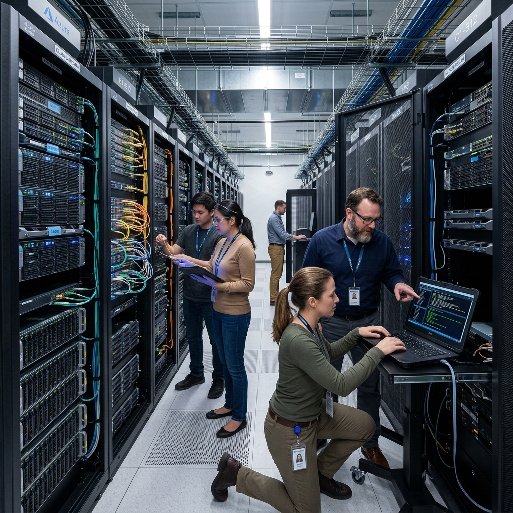 System engineers working in cloud data center server room